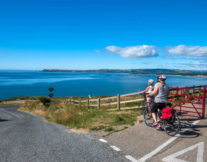Cyclists viewing ocean from coastal road.