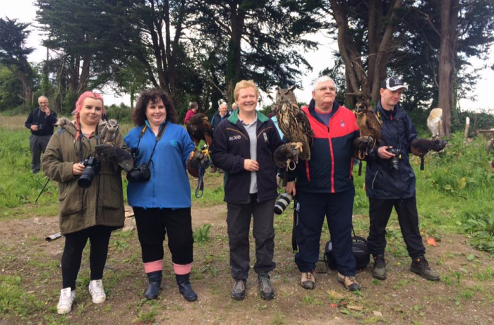 A white Barn Owl flying toward a person's gloved hand.