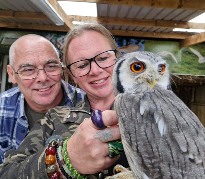 A smiling couple admires a small, grey owl with striking orange eyes.